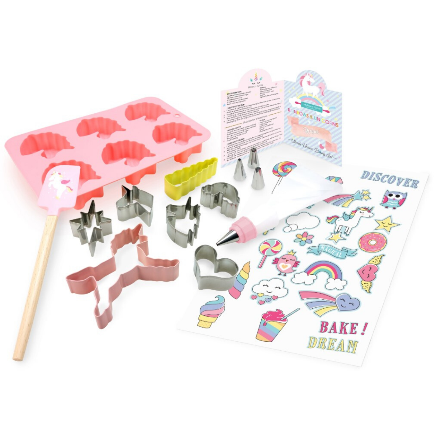 Out of box of Rainbows & Unicorns Ultimate Baking Party Set. Includes: 2 large and 5 mini unicorn-themed stainless steel cookie cutters, 1 unicorn-shaped silicone cupcake mold, 1 silicone spatula, 1 frosting bag with coupler, ring and 3 tips, a sticker sheet and recipes.