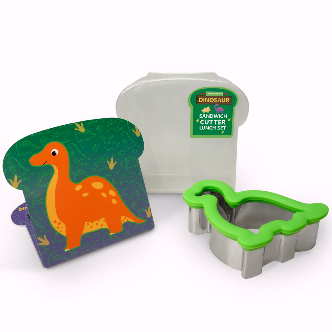 Out of box image of Dinosaur Sandwich Cutter Lunch Set containing 1 dinosaur stainless steel sandwich cutter, 1 sandwich box and recipes