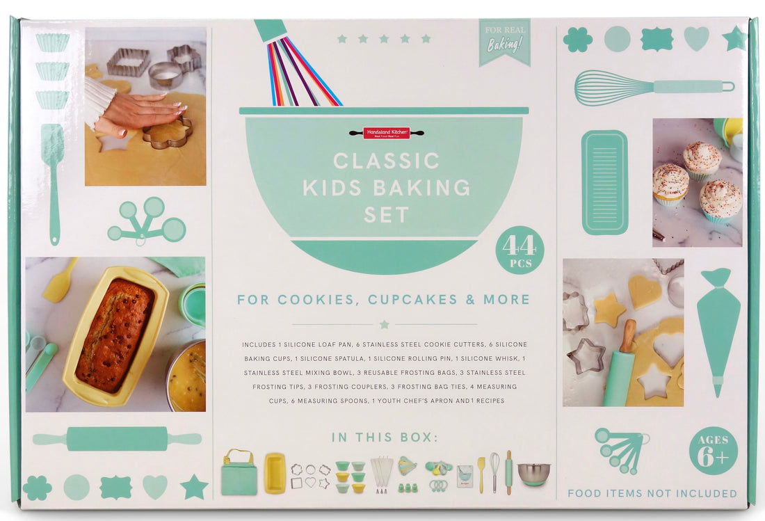 Boxed image of Classic kids baking set that includes 44-pieces. 