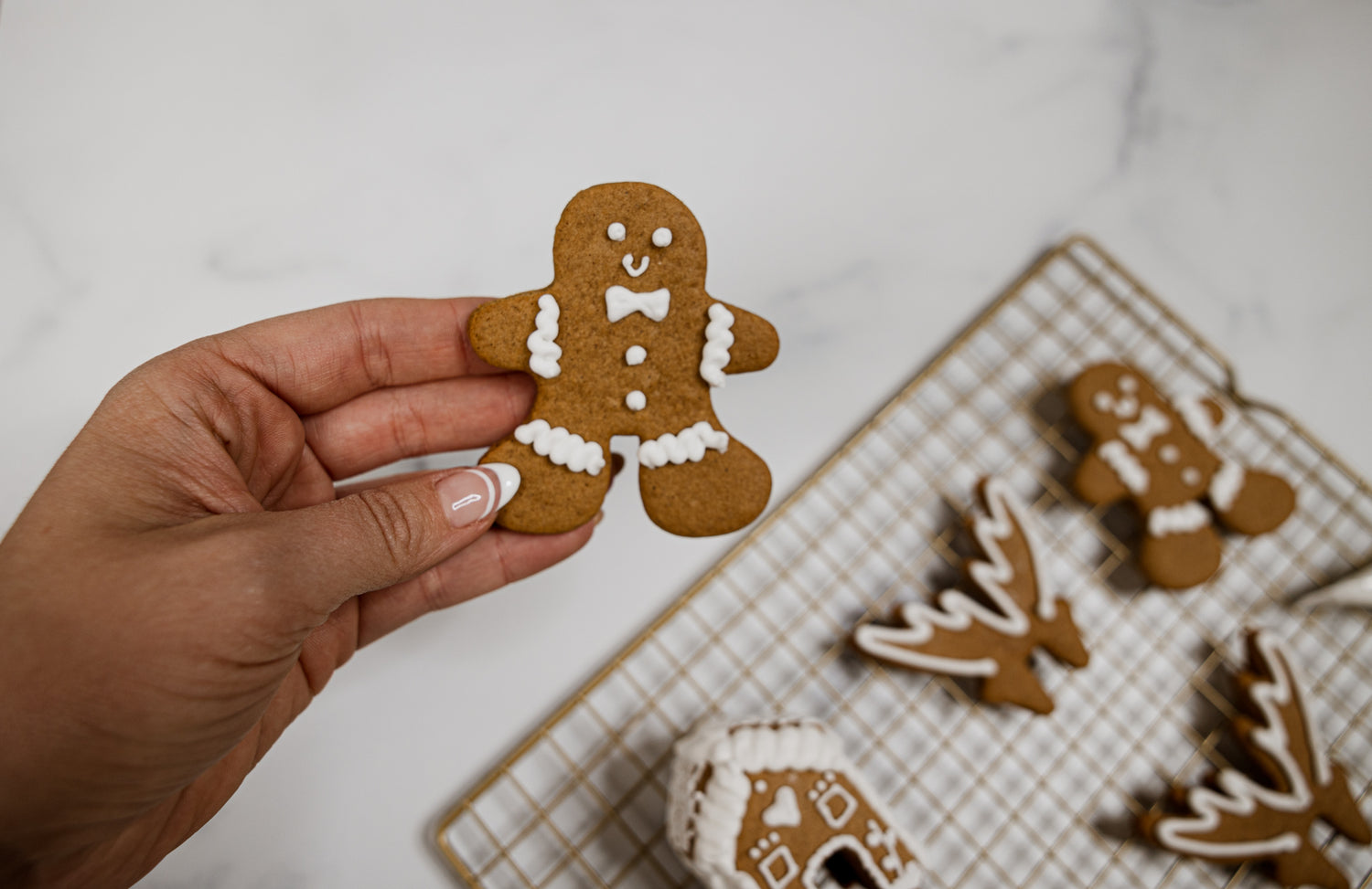 Lifestyle image of a decorated gingerbread man 