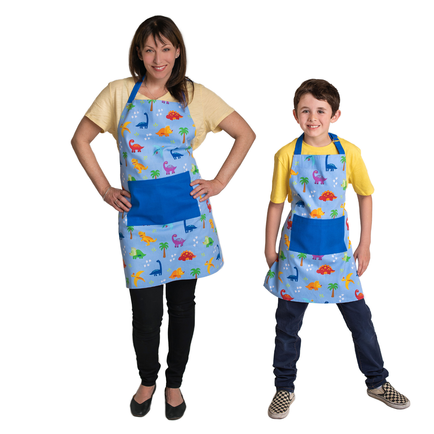 Mother and son in Dinosaur Print Adult and Child Cotton Cooking Apron Set