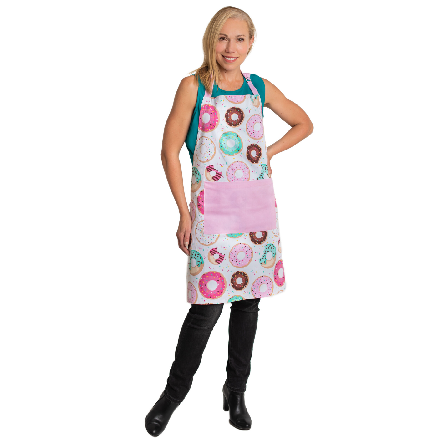 Adult wearing Adult sized apron from Parent and Child Matching Aprons Donut set