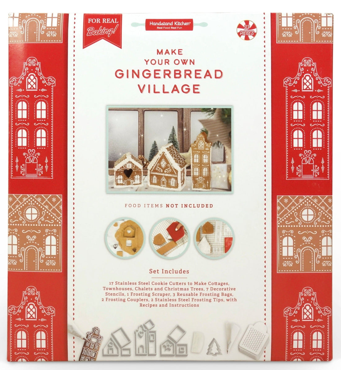 In box image of Make Your Own Gingerbread Village including: 17 Stainless Steel Cookie Cutters to Make  Cottages, Townhouses, Chalets and Gingerbread Men,  7 Decorative Stencils, 1 Frosting Scraper, 2 Reusable  Frosting Bags, 2 Frosting Couplers with Rings and 2  Stainless Steel Frosting Tips, along with Recipes and Instructions
