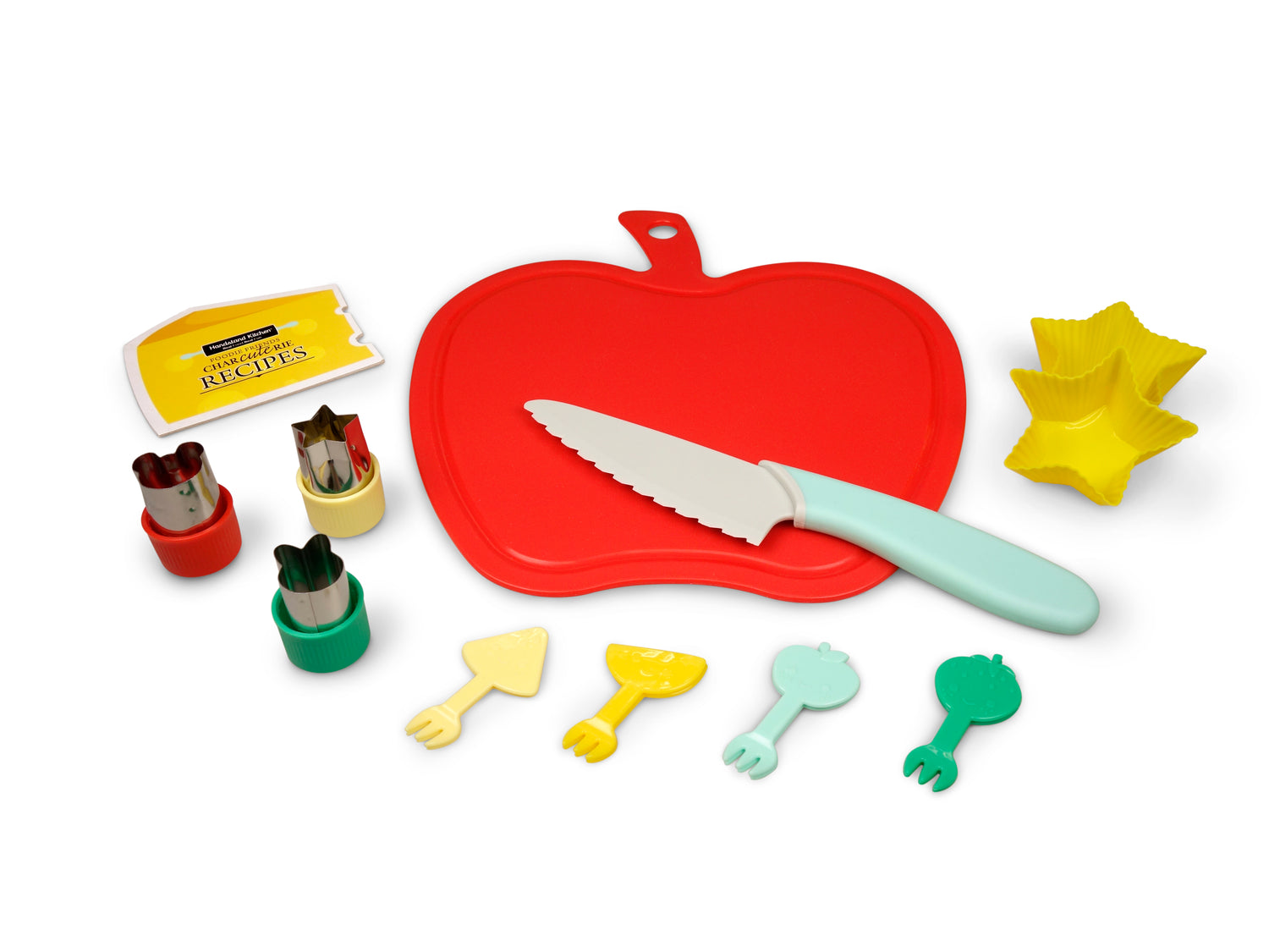 Out of box image of Foodie Friends CHARcuteRIE Set containing : 1 apple cutting board, 1 child-safe serrated knife, 2 silicone  snack cups, 3 fruit/vegetable cutters, 8 fruit/vegetable picks and recipes.