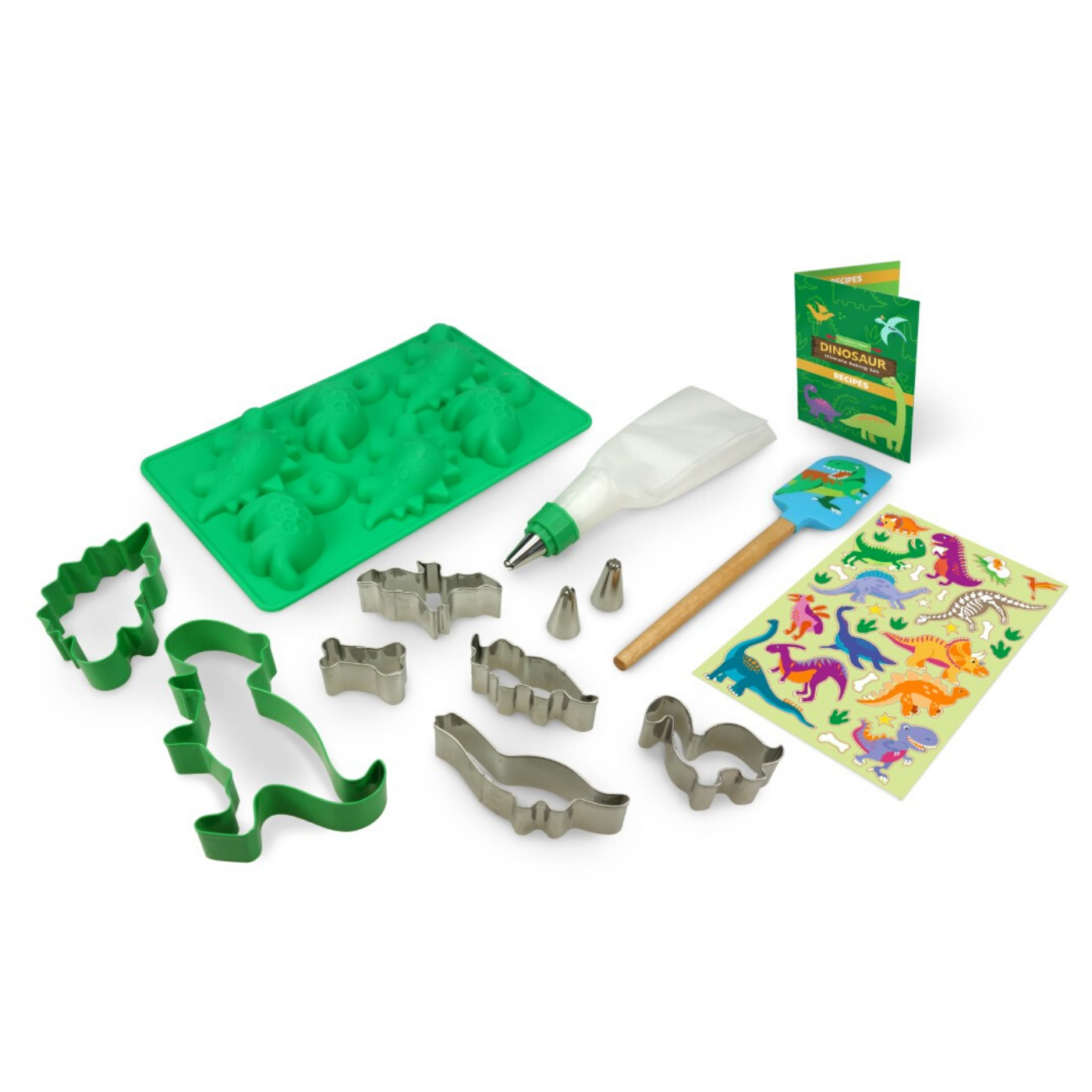 Out of box image of Dinosaur Ultimate Baking Party Set containing: : 2 large dinosaur stainless steel cookie cutters, 5 dinosaur-themed mini stainless steel cookie cutters, 1 dinosaur silicone mold,  1 silicone spatula, 1 frosting bag with coupler, ring and 3 tips, a  sticker sheet and recipes.