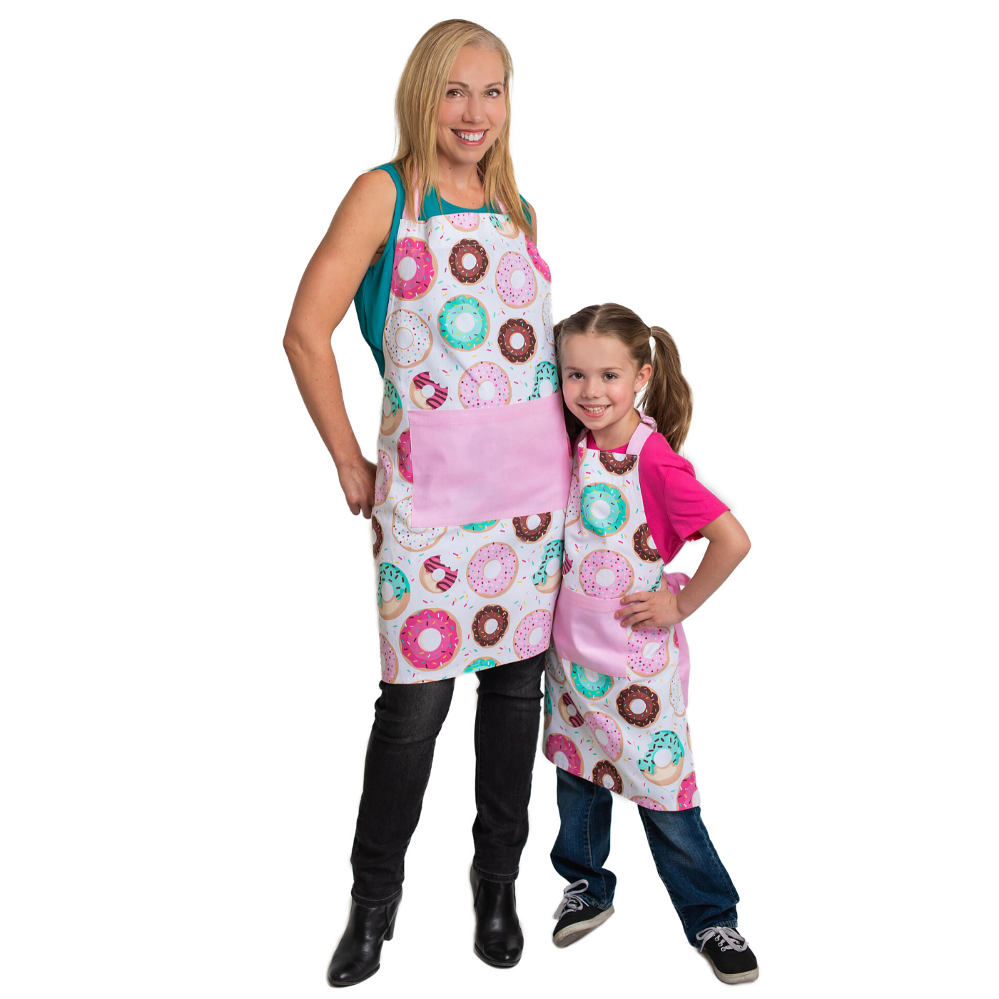 Lifestyle of mother and daughter in Donut Print Adult and Kid Matching Apron Set