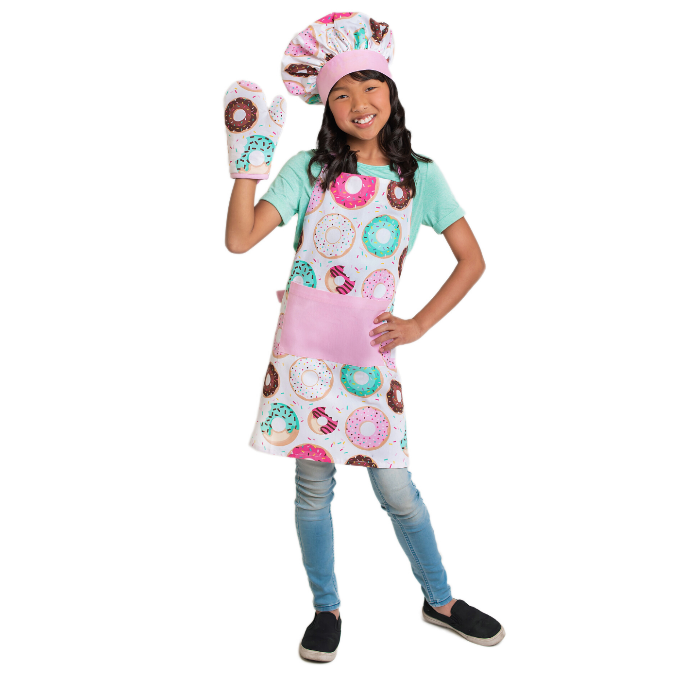 Lifestyle of child wearing Donut Shoppe Deluxe Youth Apron Boxed Set