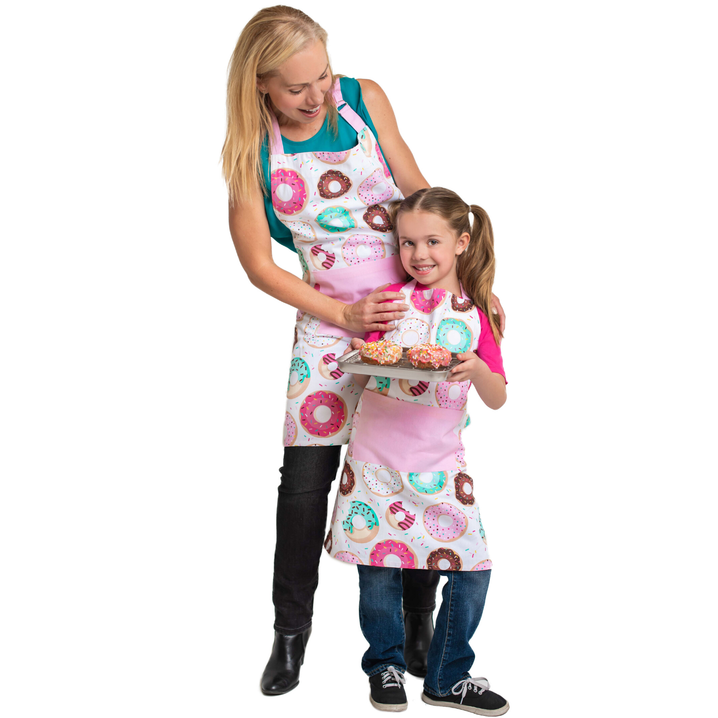 Lifestyle of mother and daughter holding donuts in Donut Print Adult and Kid Matching Apron Set Adult and Child Donut Printed Cotton Apron Set