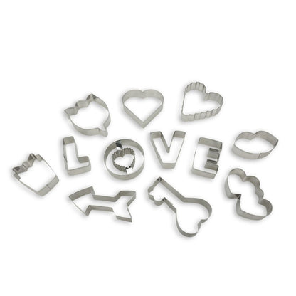 Out of Box Image Bake With Love Heart 12pc Cookie Cutter Set with : L-O-V-E, flower, arrow, heart key, lips, and various heart-shaped stainless steel cookie  cutters.