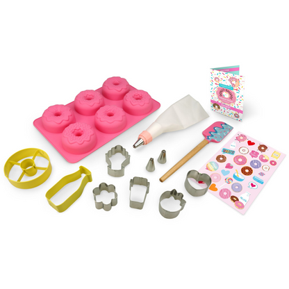 Out of box image of Donut Shoppe Ultimate Baking Party Set containing 1 donut and 1 milk bottle large stainless steel cookie  cutter, 5 donut-themed mini stainless steel cookie cutters, 1 donut  silicone mold, 1 silicone spatula, 1 frosting bag with coupler, ring  and 3 tips, a sticker sheet and recipes