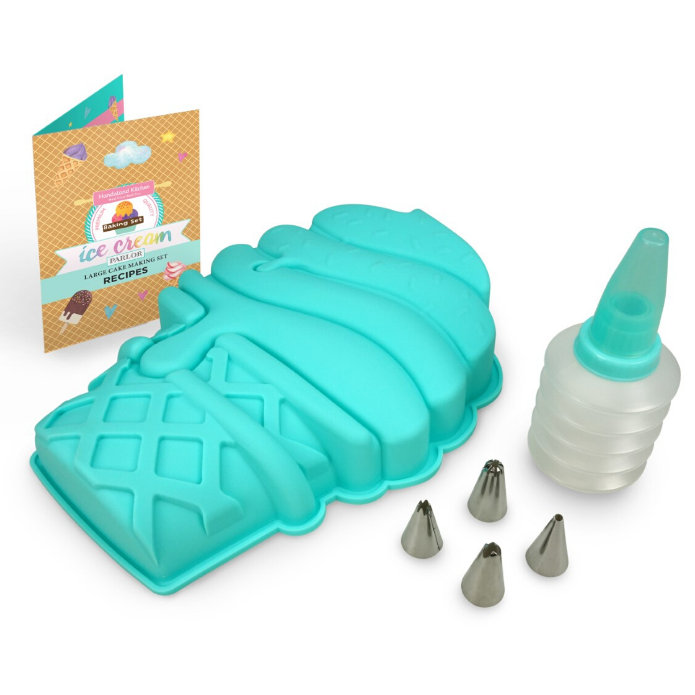 Out of box image of Ice Cream Parlor Large Cake Making Set including:  1 large silicone Ice cream cone shaped cake mold, frosting bottle with 4 tips, and recipe leaflet