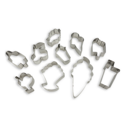 Out of box image of Ice Cream Parlor Cookie cutter 10pc. Boxed set containing : 1 ice cream cone, 2 sundaes, 1 cherry, 1 milkshake, 1 drink cup, 2 popsicles and 2 ice cream cones in stainless steel cookie cutters.