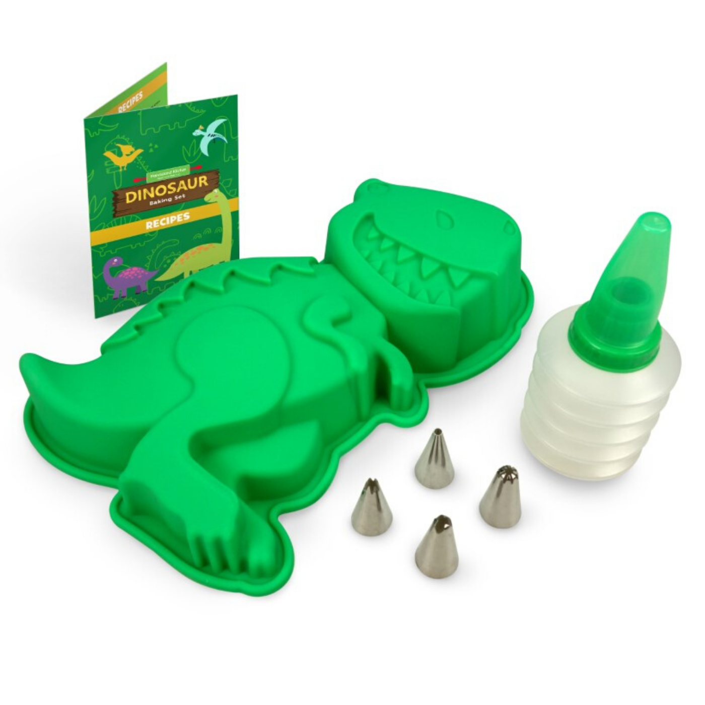 Out of box image of Dinosaur Large Cake Making Set containing 1 large silicone dinosaur cake mold, 1 frosting bottle with  cap, 1 frosting coupler with ring and 4 tips, and recipes.