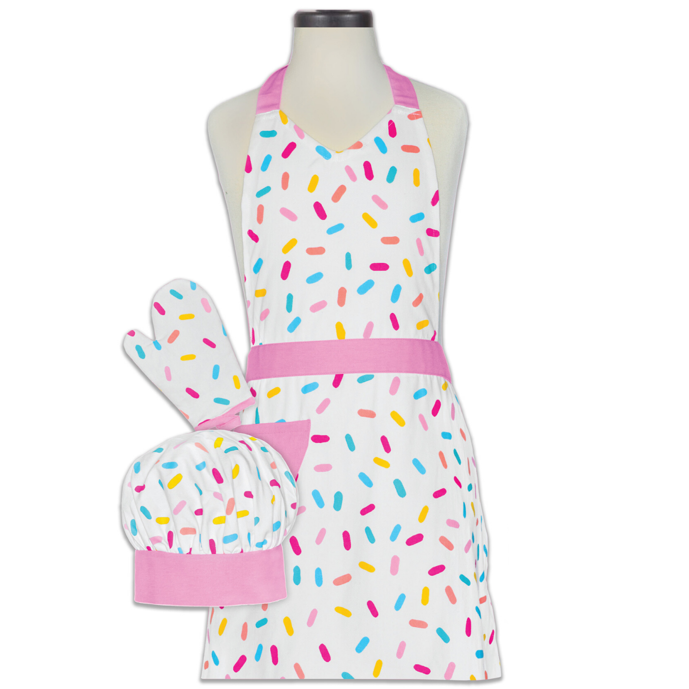 Sprinkle Printed Childs Cooking Kit with Apron Chef Hat and Oven Mitt