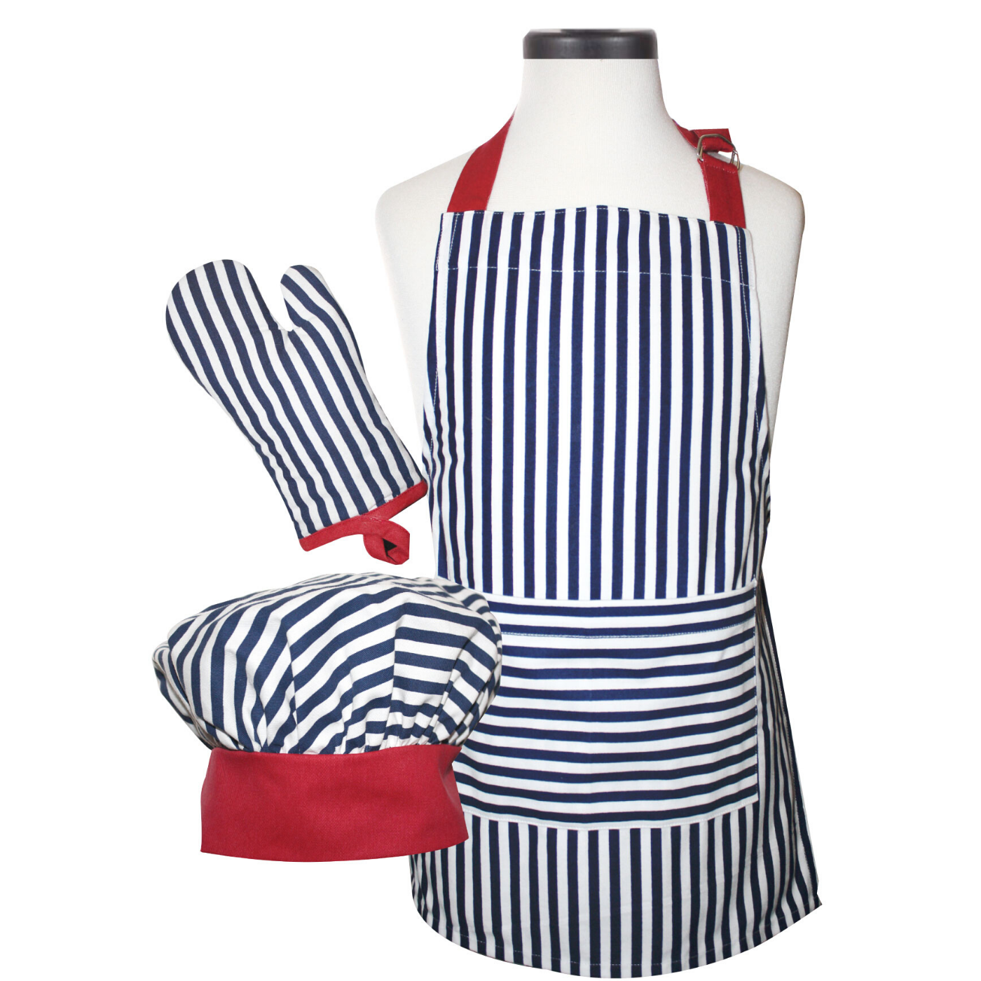 Navy Striped Childs Apron Oven Mitt and Chef&