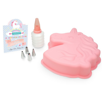 Out of box image of Rainbows &amp; Unicorns Unicorn Large Cake Making Set which includes 1 large silicone unicorn-shaped cake mold, 1 frosting bottle with cap, 1 frosting coupler with ring and 4 tips, and recipes.