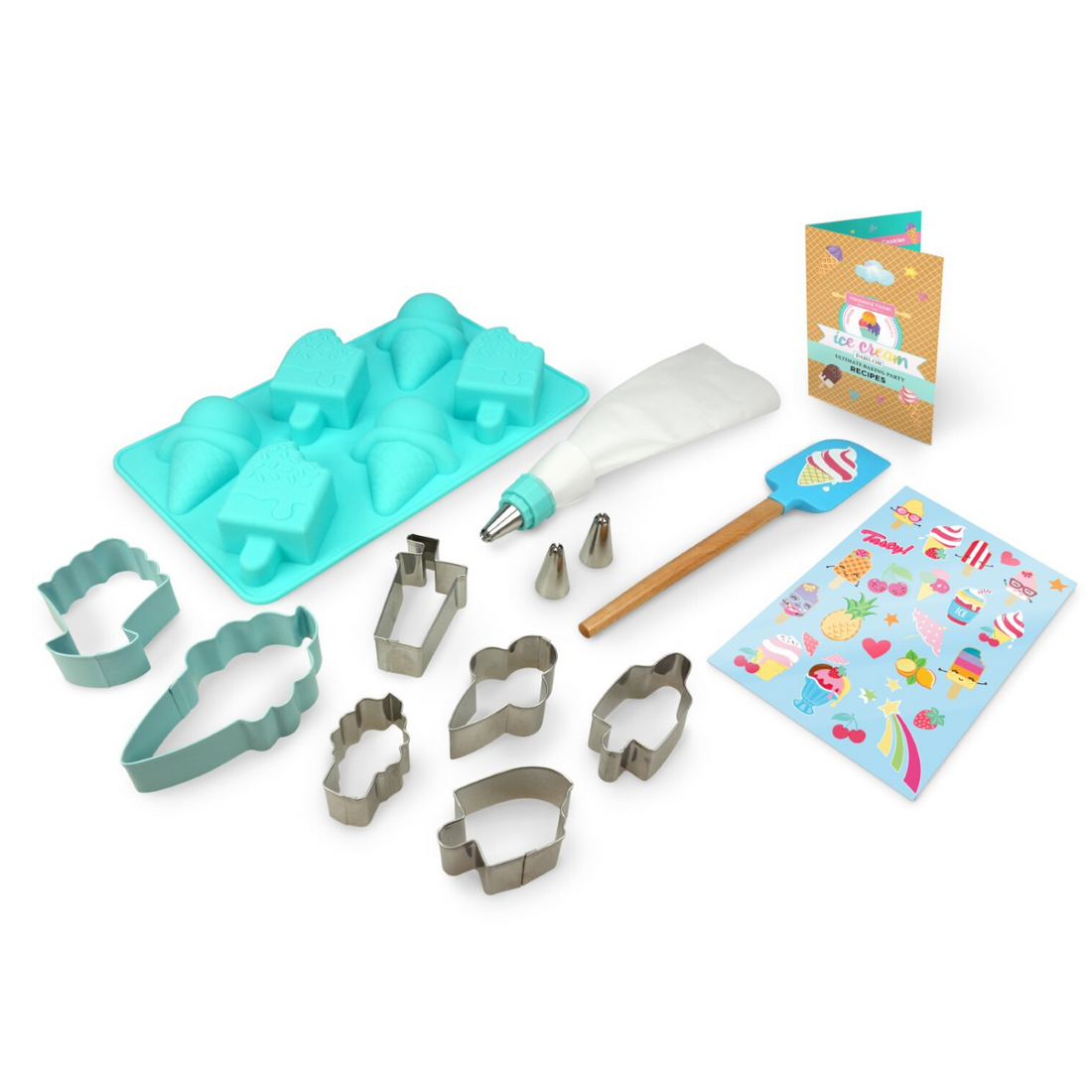 Out of box image of Ice Cream Parlor Ultimate Baking Party Set including:  1 ice cream cone and 1 sundae large stainless  steel cookie cutter, 5 ice cream-themed mini stainless steel  cookie cutters, 1 ice cream silicone mold, 1 silicone spatula,  1 frosting bag with coupler, ring and 3 tips, a sticker sheet  and recipes. 
