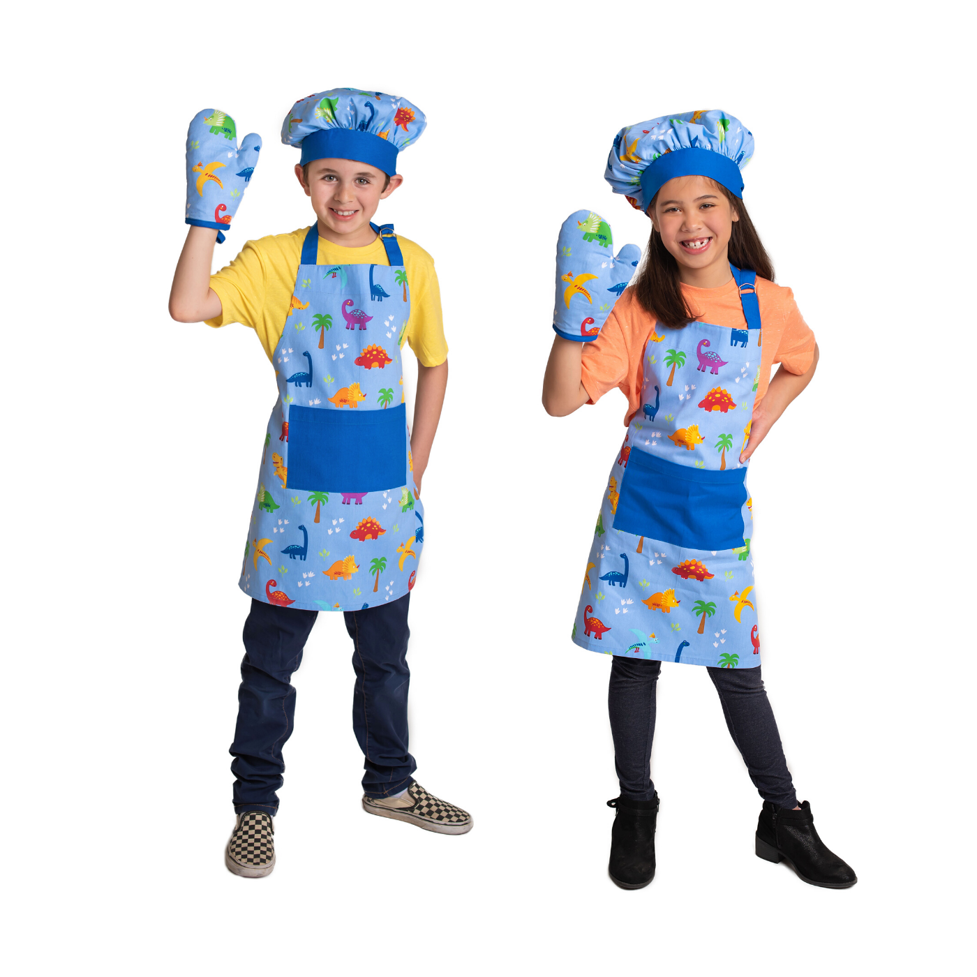 Lifestyle of young boy and girl in Kids Dinosaur Apron Set with Chef Hat and Oven Mitt