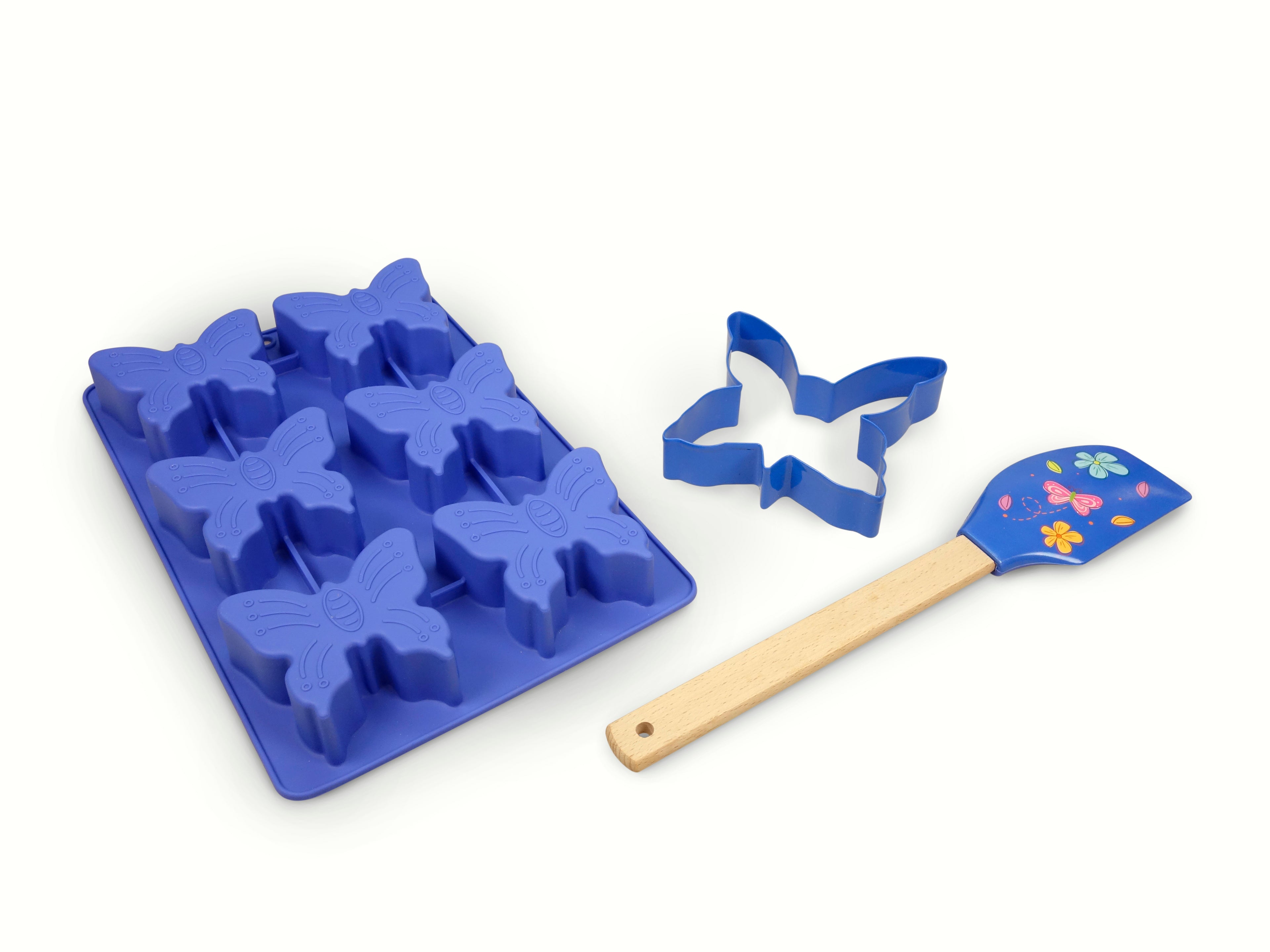 Out of box image of Spring Fling Butterfly Baking Set including 1 silicone cupcake mold with 6 butterfly shapes, 1 butterfly stainless steel cookie cutter, 1 silicone butterfly print spatula and recipes.