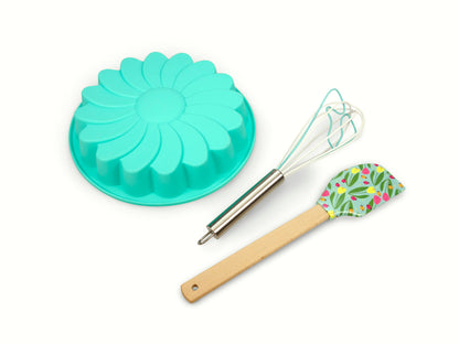 Out of box image of Spring Fling Daisy Cake Making Set which includes one daisy cake mold, one whisk, and  one spatula.