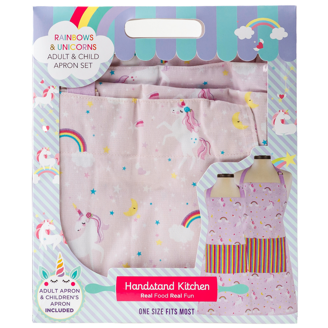 In box image of Rainbows & Unicorns Adult and Youth Apron Boxed Set including adult and yourth sized rainbow themed aprons