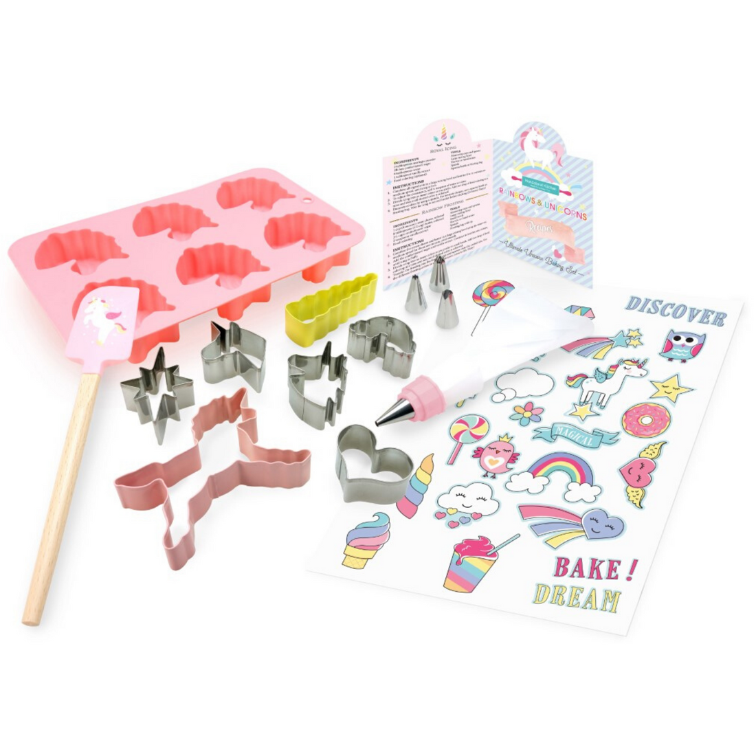 Out of box of Rainbows & Unicorns Ultimate Baking Party Set. Includes: 2 large and 5 mini unicorn-themed stainless steel cookie cutters, 1 unicorn-shaped silicone cupcake mold, 1 silicone spatula, 1 frosting bag with coupler, ring and 3 tips, a sticker sheet and recipes.