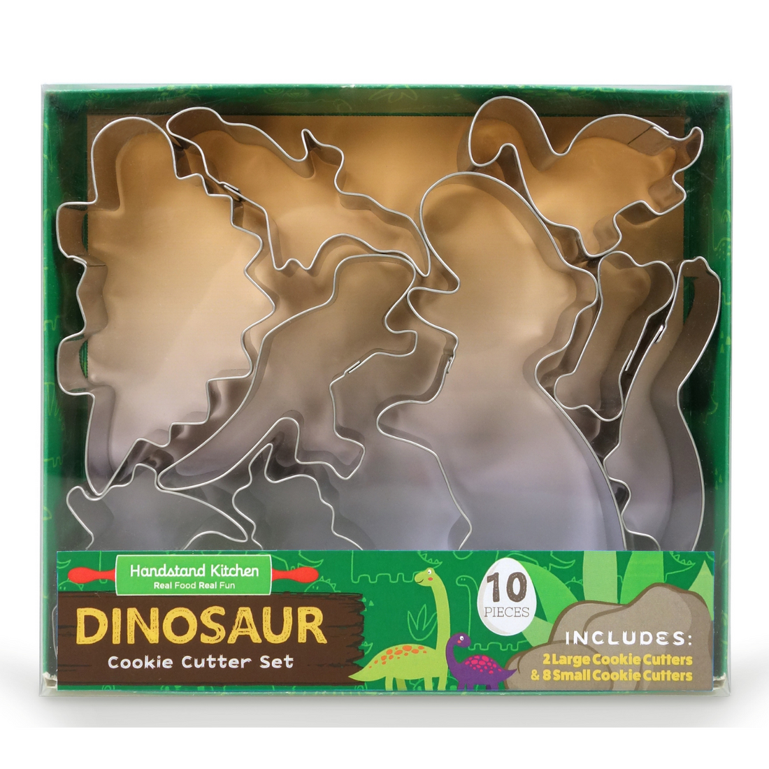 In box image of Dinosaur Cookie Cutter 10 Piece Boxed Set containing 10 dinosaur-shaped stainless steel cookie cutters