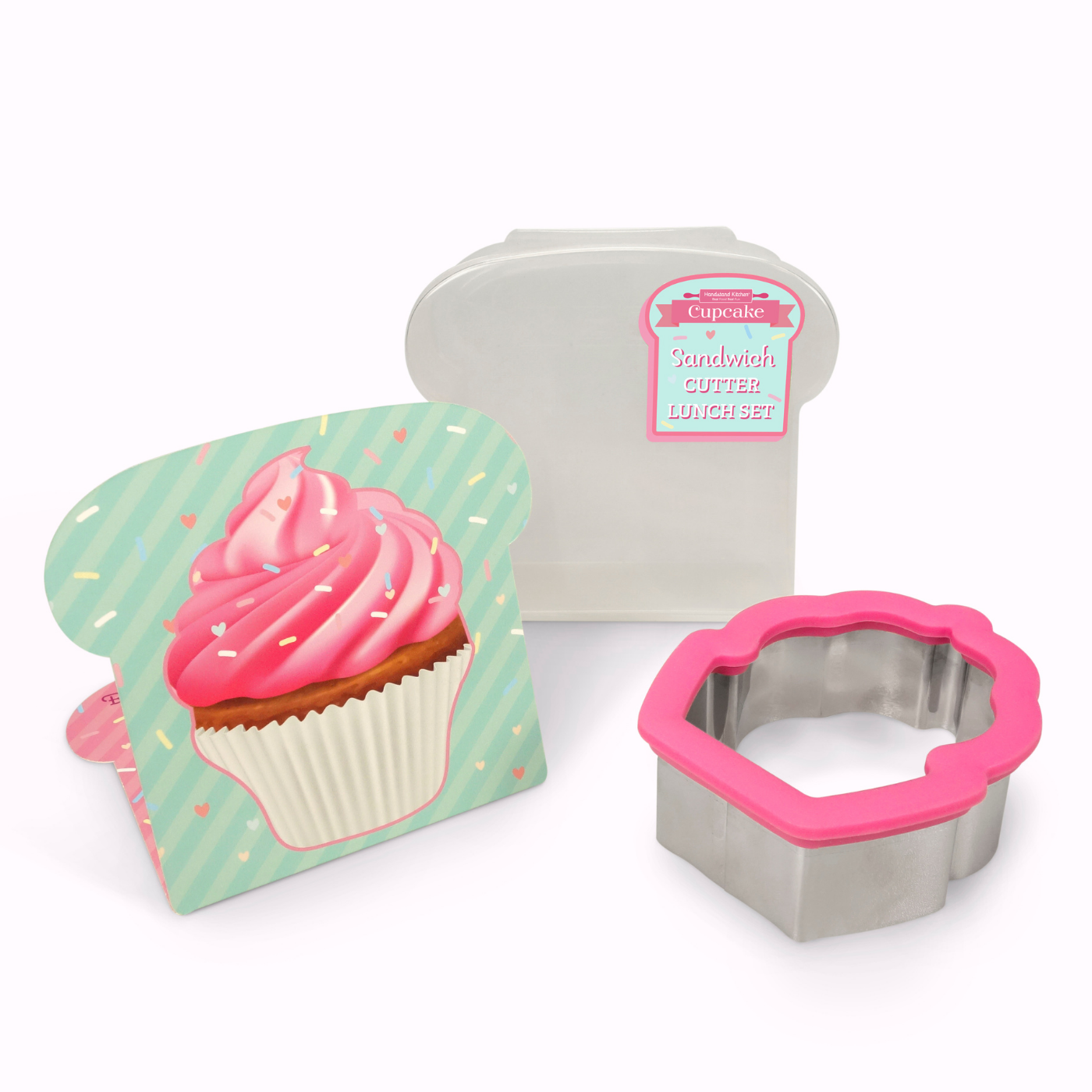 Out of box image of Cupcake Sandwich Cutter Lunch Set containing  1 cupcake stainless steel sandwich cutter, 1 sandwich box and recipes