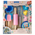 In box image of Spring Fling Springtime Fun Baking set that includes  1 silicone spatula, 1 silicone pastry brush, 1 silicone mixing spoon, 1 silicone rolling pin, 1 silicone whisk, 6 silicone flower baking cups, and butterfly, chick and bunny cookie stamps, and recipes.