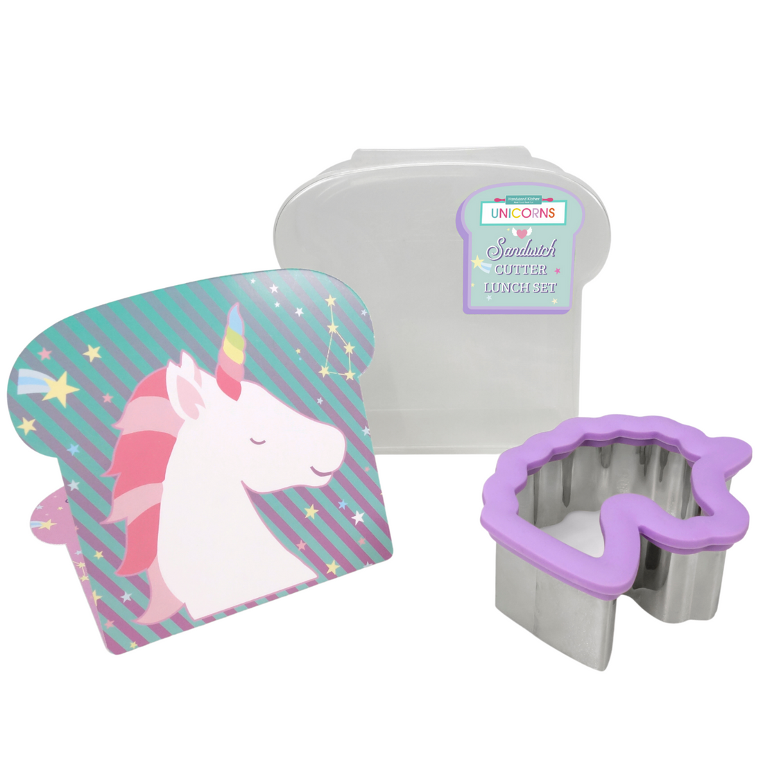 Out of box image of Rainbows & Unicorns Sandwich Cutter Lunch Set. 1 unicorn stainless steel sandwich cutter, 1 sandwich box and recipes.